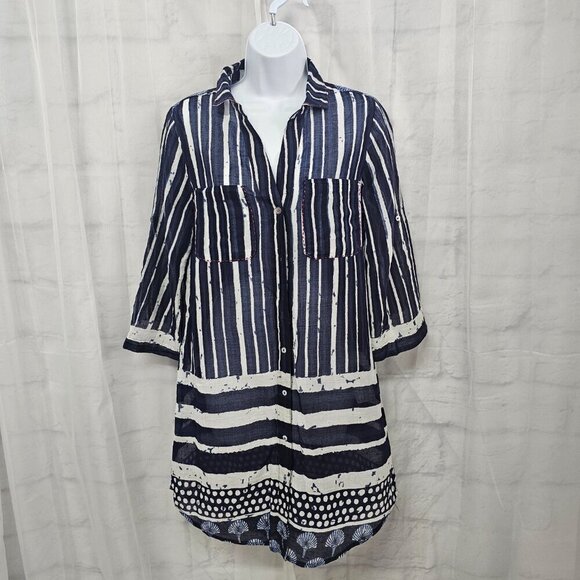 David Blue Striped Seashell Tunic Mini Dress Sheer Beach Nautical Gauzy M - Picture 1 of 13